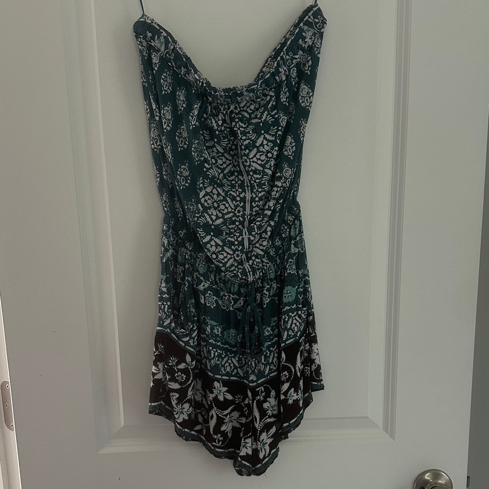 Boho Teal Floral Strapless Romper